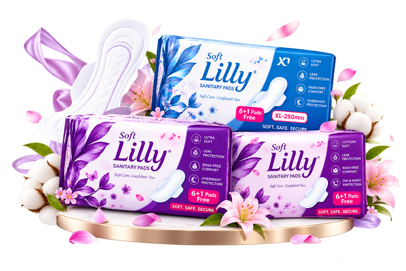 Soft Lilly sanitary pads in blue and purple floral packaging